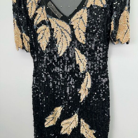 Lillie Rubin Women’s Black Cream All Over Sequin Leaf Illusion Neck Mini Dress - Picture 8 of 16